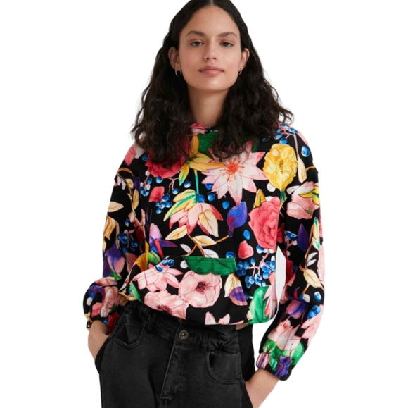 Desigual Tops - Desigual Floral Boxy Oversized Hooded Sweatshirt Size Large Cotton